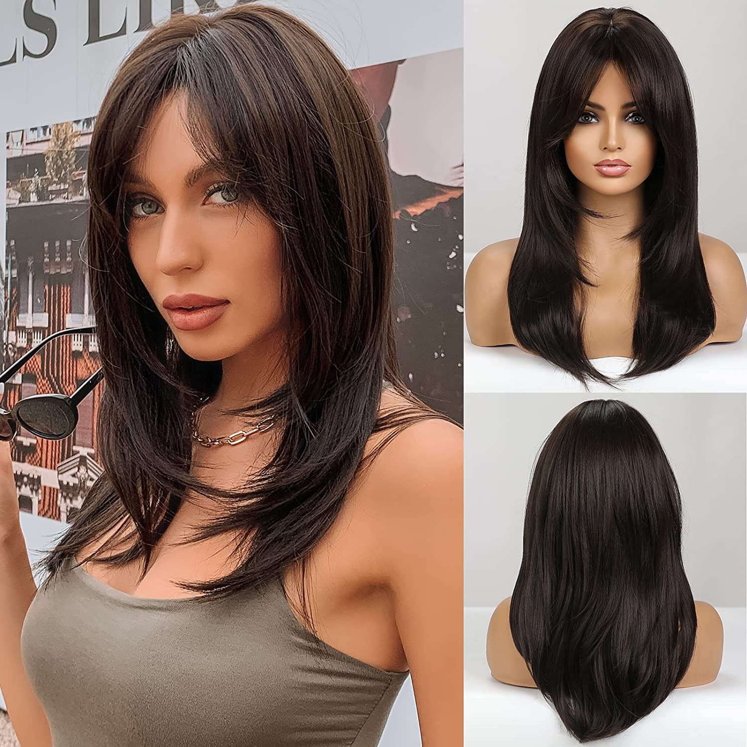 Dark Brown Layered Synthetic Wig - HairNjoy