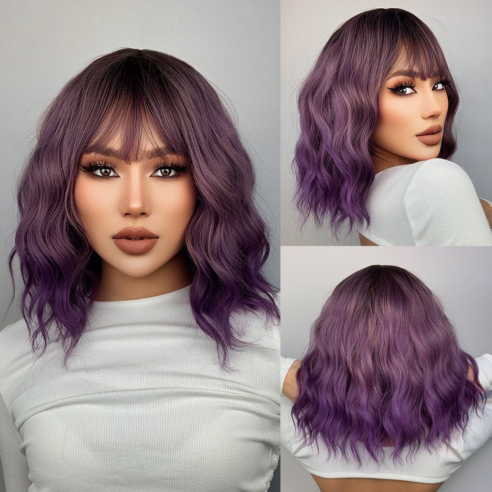 Dirty Purple Bob Body Wave Synthetic Wigs with Bangs - HairNjoy