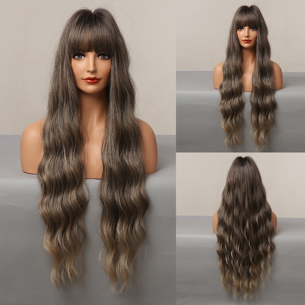 Extra Long Brown Wave Wigs with Bangs - HairNjoy