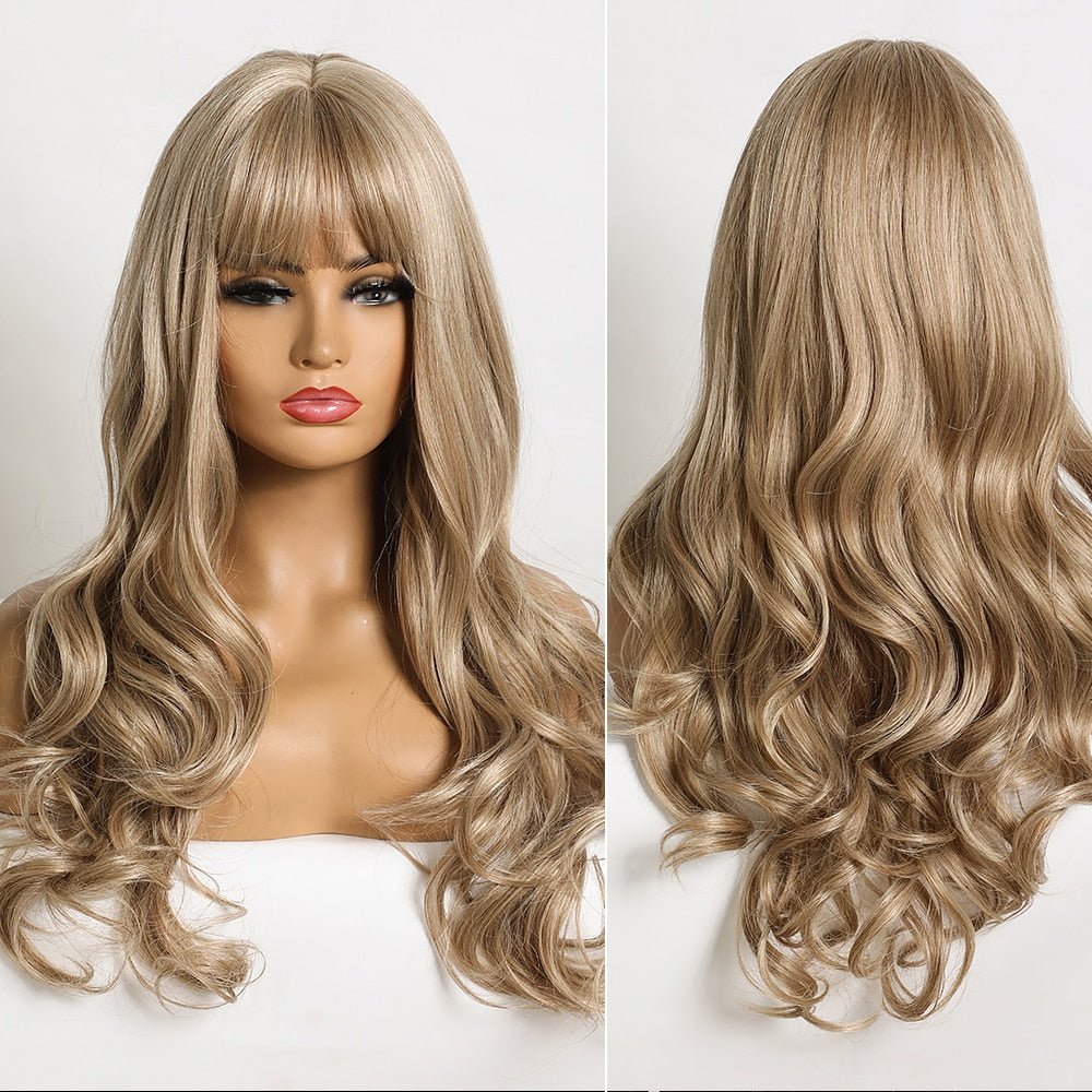Gold Long Wavy Wigs with Bangs - HairNjoy