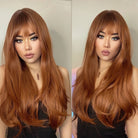 Golden Brown Wavy Wigs with Bangs - HairNjoy