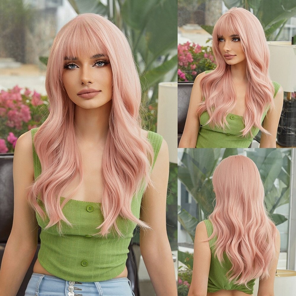 Grapefruit Pink Long Curly Synthetic Wig - HairNjoy