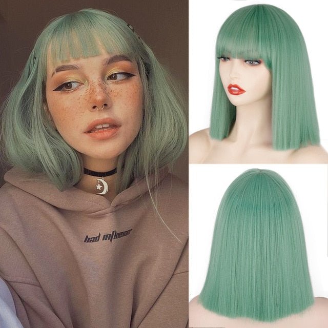 Green Blunt Straight Wig with Bangs - HairNjoy
