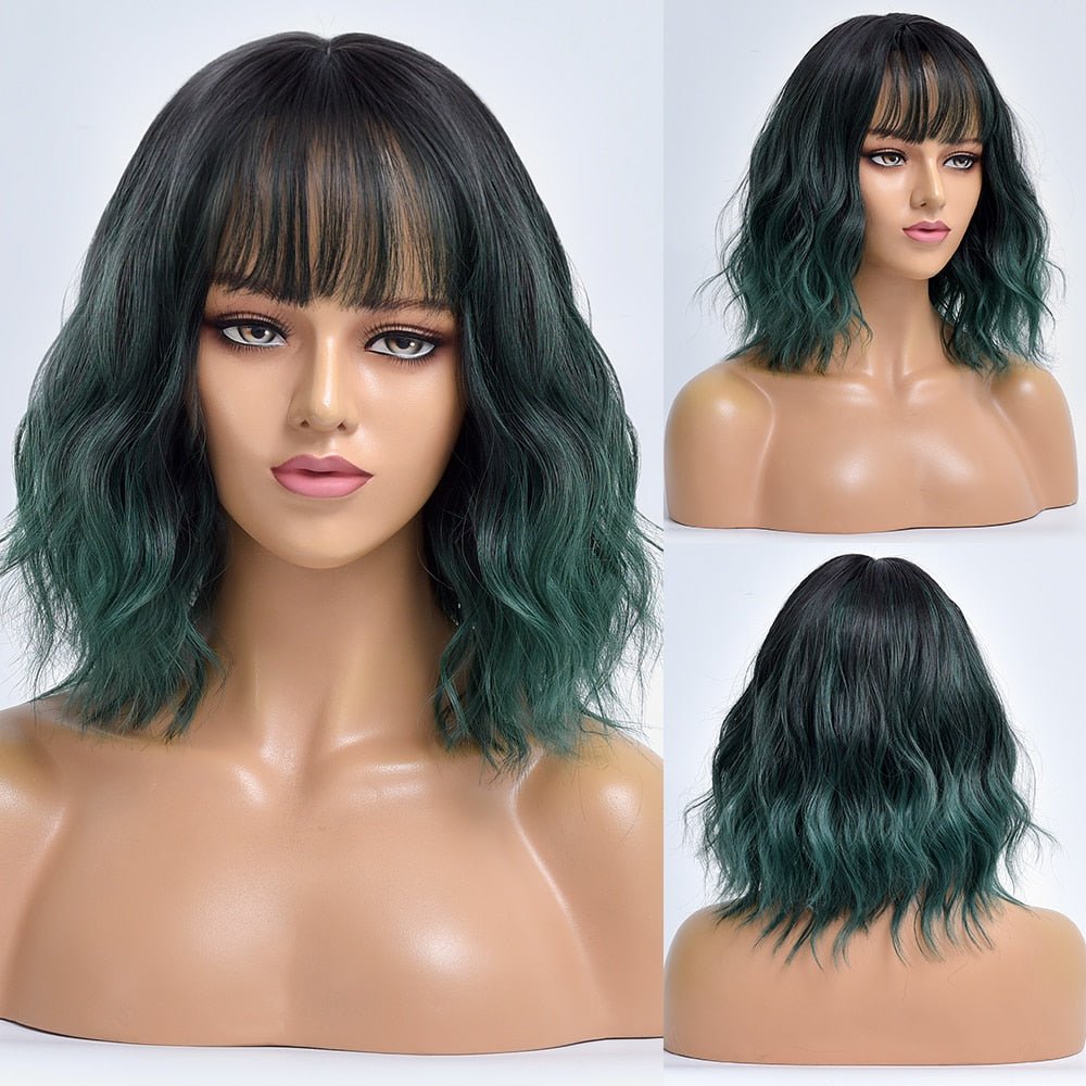 Green Bob Synthetic Wig with Bangs - HairNjoy