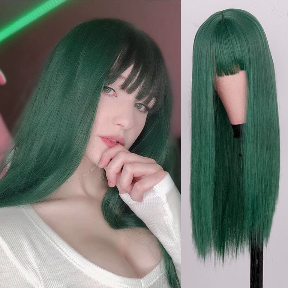 Green Straight Wig with Bangs - HairNjoy