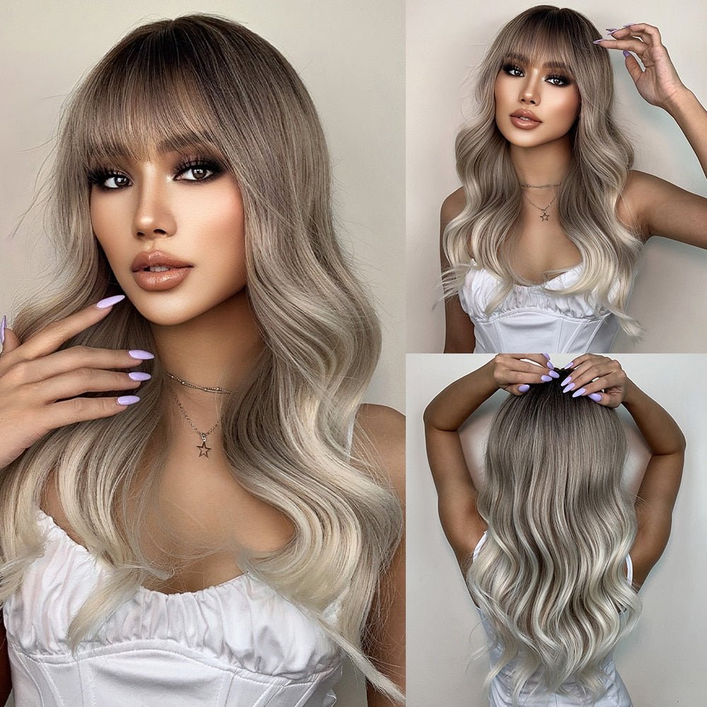 Grey Highlight Colored Long Wavy Synthetic Wigs - HairNjoy