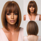 High Lights Brown with Bangs Short Synthetic Wigs - HairNjoy