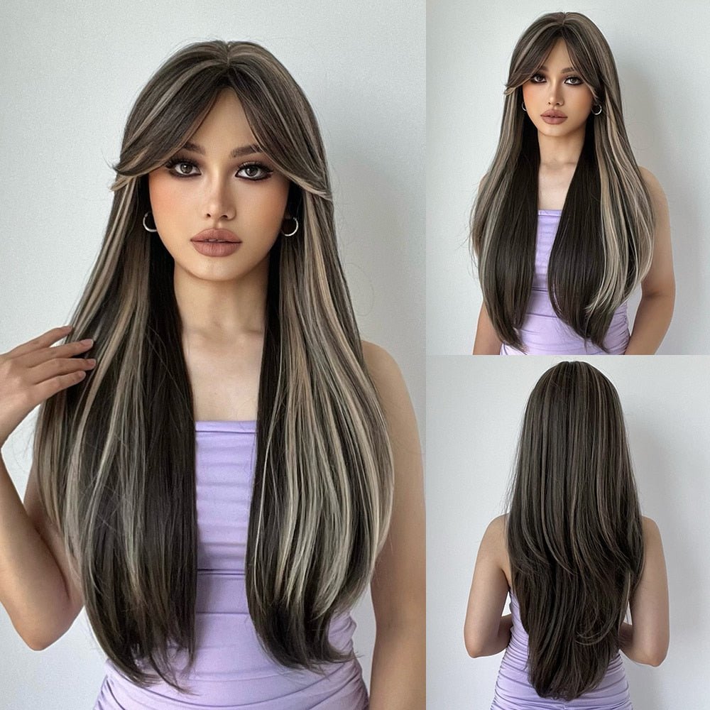 High Lights Long Straight with Bangs Synthetic Wig - HairNjoy