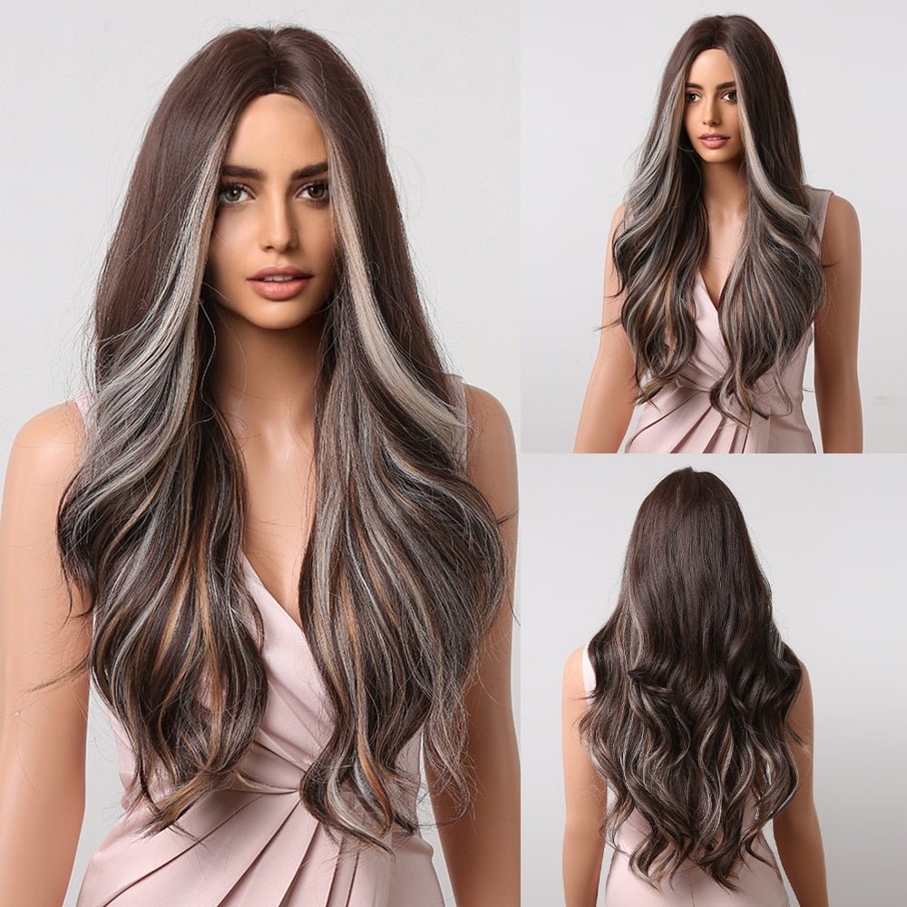Highlight Brown Wavy Synthetic Wig - HairNjoy