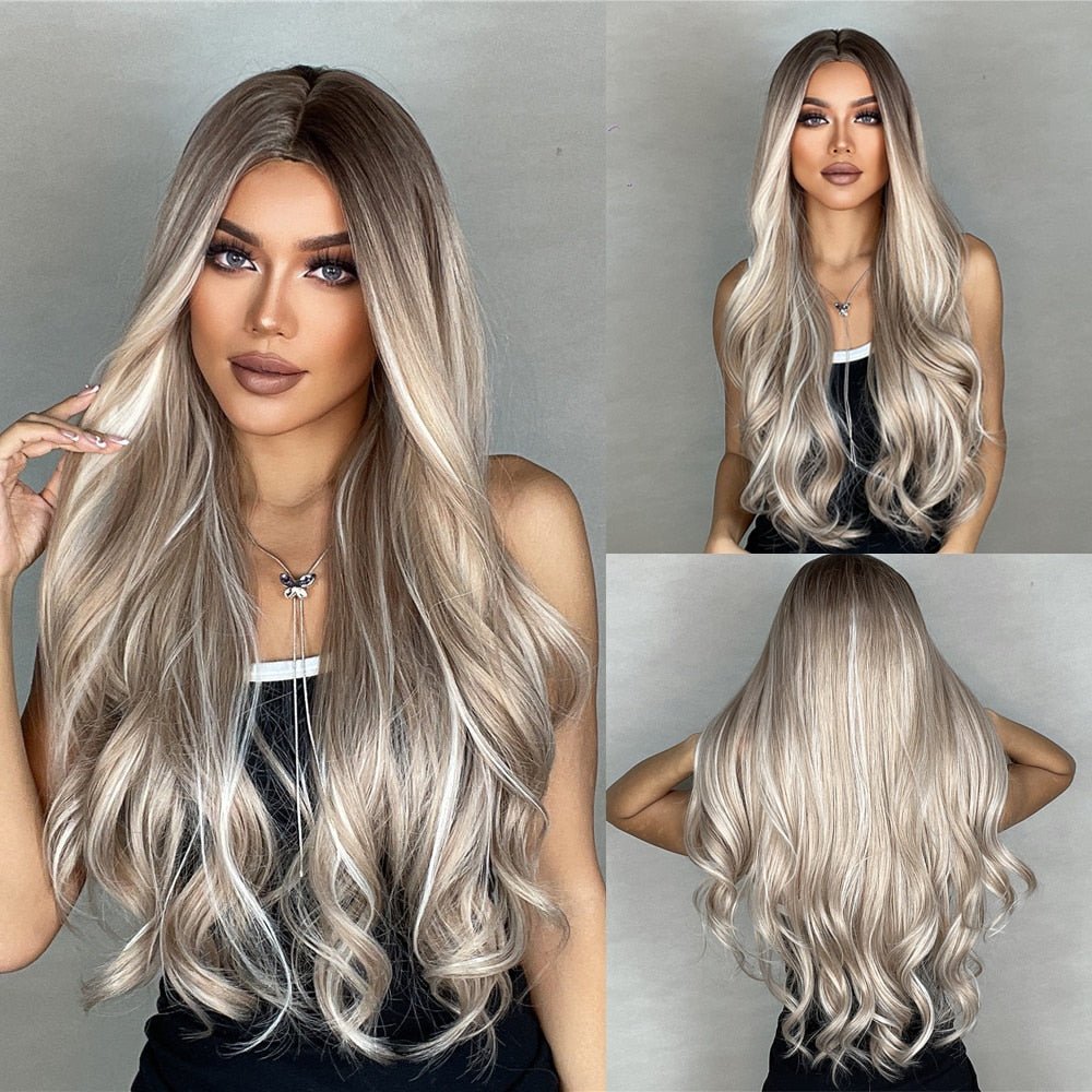 Highlight Grey Colored Long Wavy Synthetic Wigs - HairNjoy