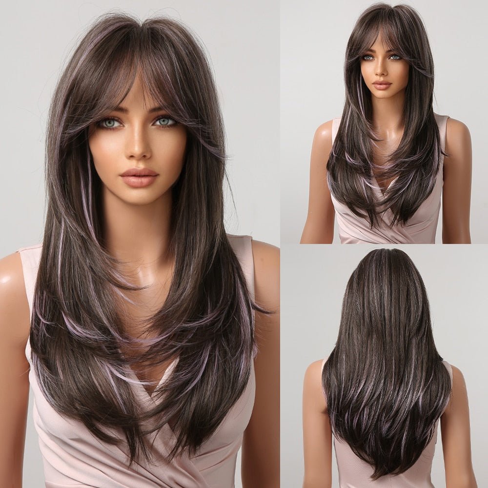 Highlight Layered Synthetic Black Wig with Bangs - HairNjoy