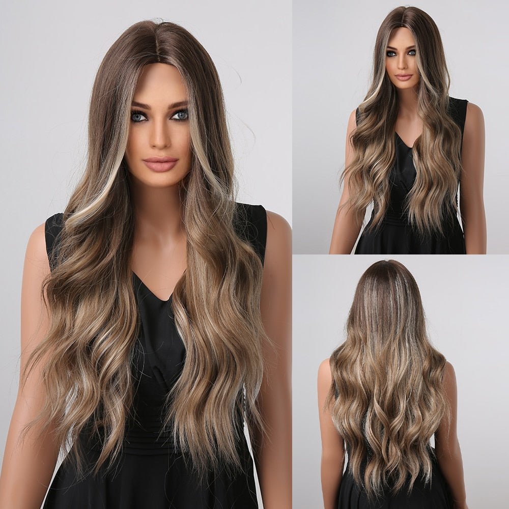 Highlight Long Brown Wavy Synthetic Wig - HairNjoy