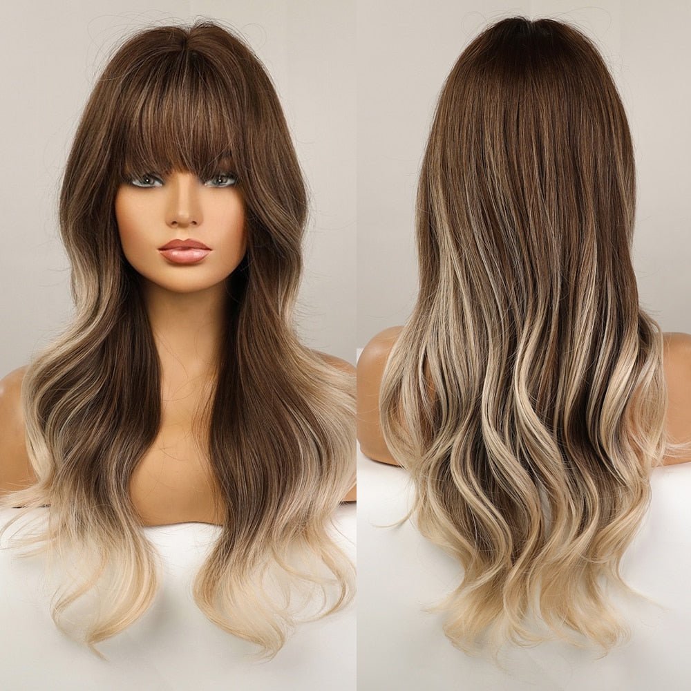 Highlight Long Wavy Wigs with Bangs - HairNjoy