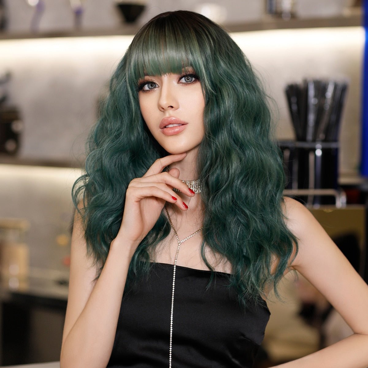 Highlight Olive Green Medium Wig with Bangs - HairNjoy