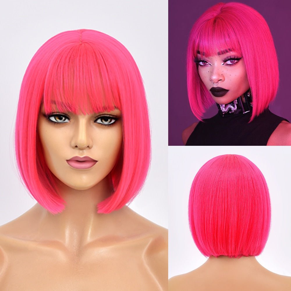 Hot Pink Short Bob Synthetic Wig with Bangs - HairNjoy