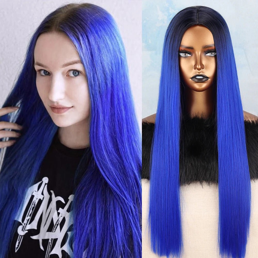 Lace Front Straight Blue Synthetic Wig - HairNjoy