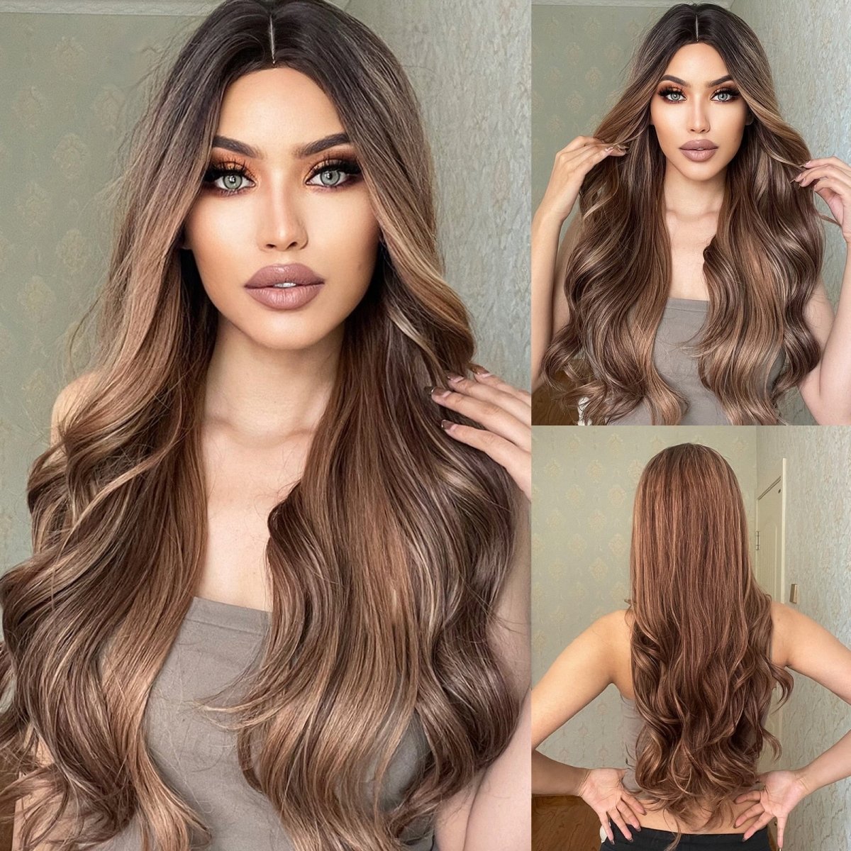 Light Brown High Lights Long Wavy Synthetic Wig - HairNjoy