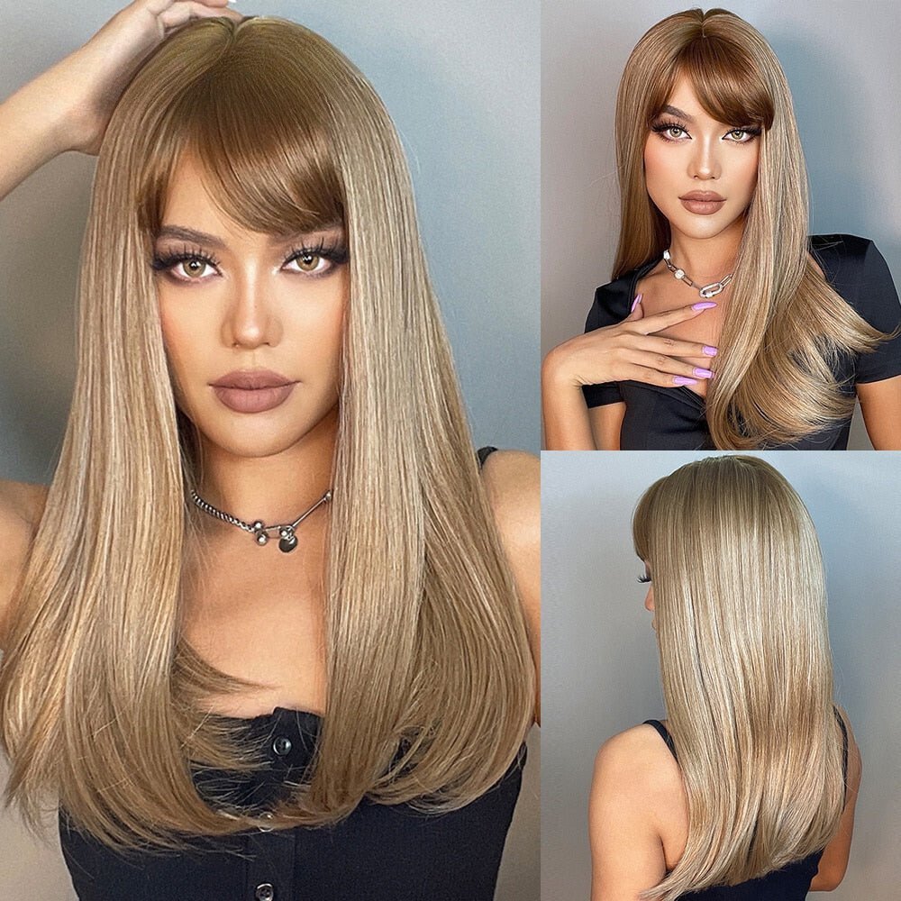 Light Brown with Dark Bangs Synthetic Wig - HairNjoy
