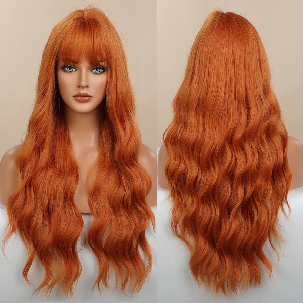 Long Beach Wave Orange Wig with Bangs - HairNjoy