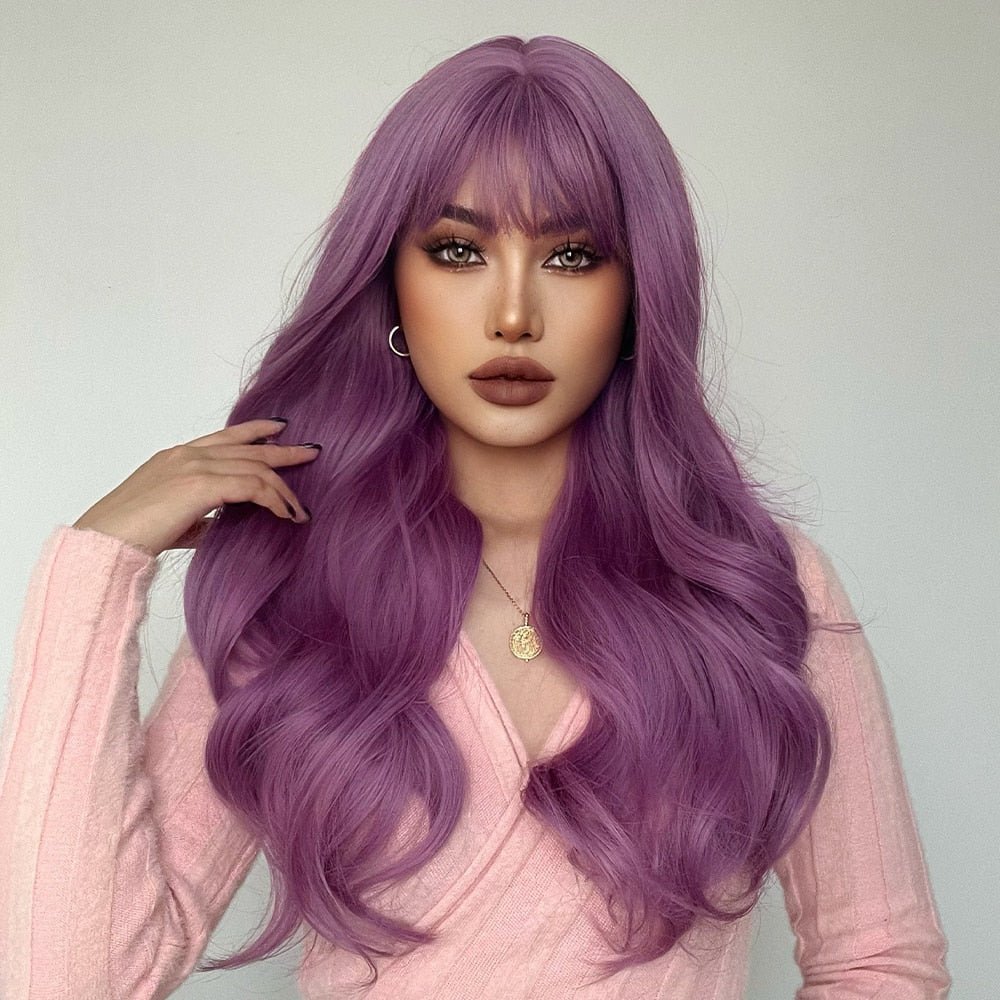 Long Beach Wave Purple Wig with Bangs - HairNjoy