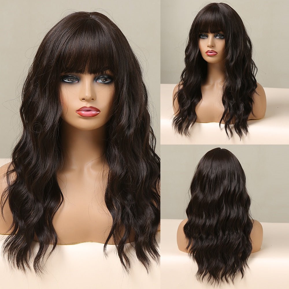Long Black Body Wave Wigs with Bangs - HairNjoy