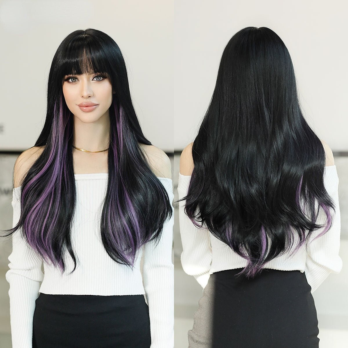 Long Black Purple High Light Wig - HairNjoy