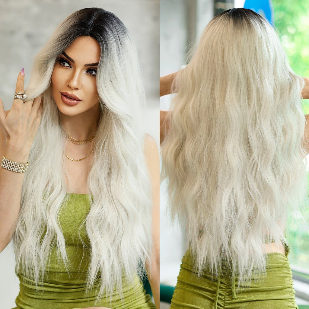 Long Black Root White Blonde Ombre Wig - HairNjoy