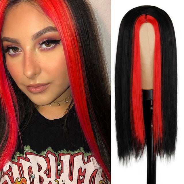 Long Black Straight Red High Lights Wigs - HairNjoy