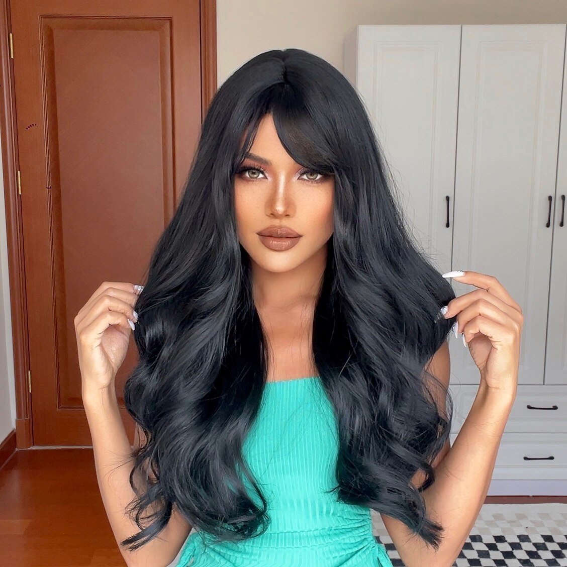 Long Black Wavy Synthetic Wigs with Bangs Body Wave Wigs - HairNjoy