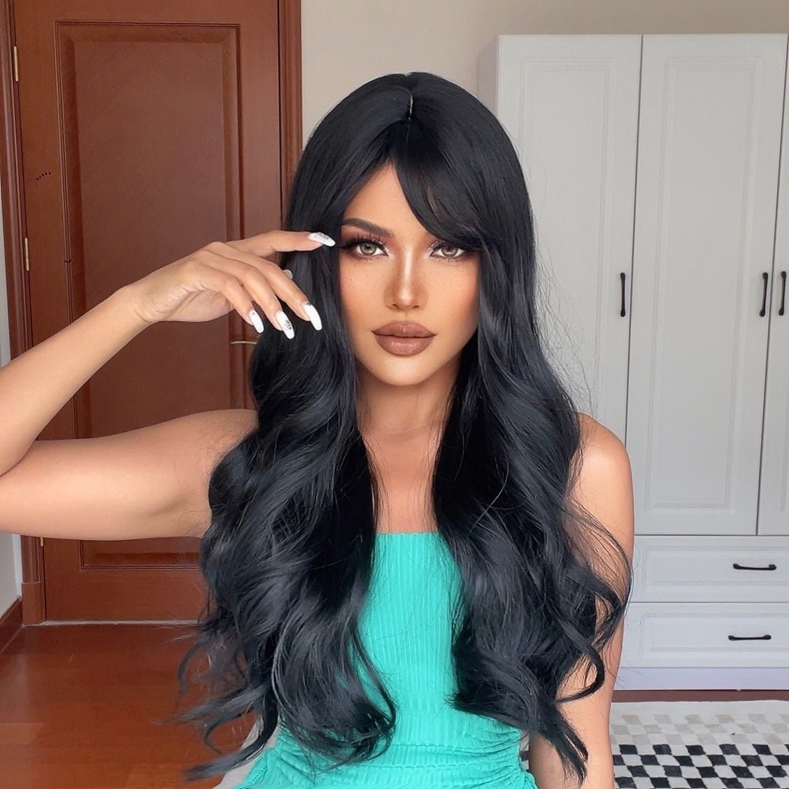 Long Black Wavy Synthetic Wigs with Bangs Body Wave Wigs - HairNjoy