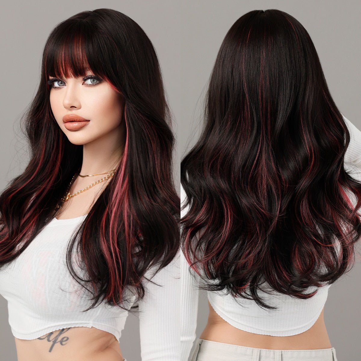 Long Brown Highlight Dark Red Wigs - HairNjoy