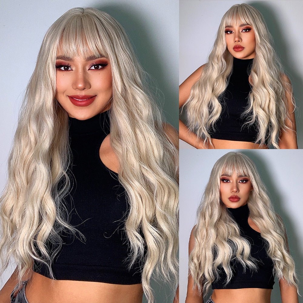 Long Curly Blonde with Bangs Synthetic Wig - HairNjoy