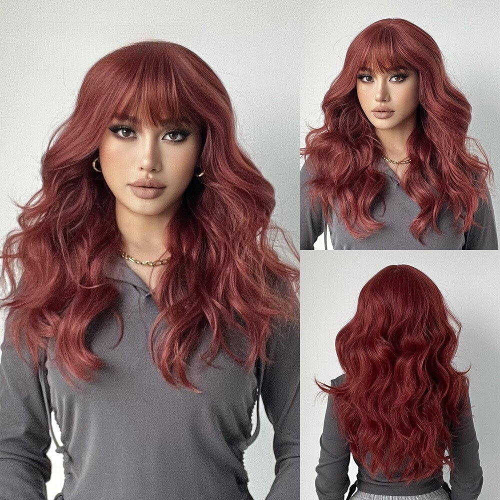 Long Curly Wine Red with Bangs Synthetic Wig - HairNjoy