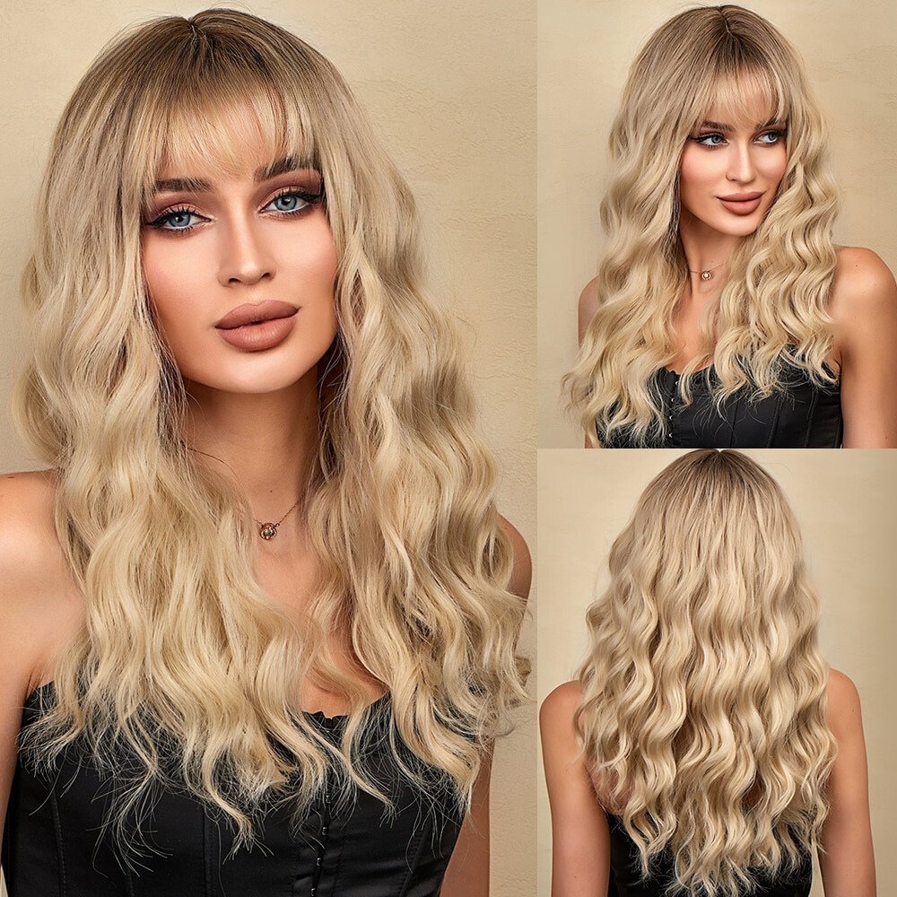 Long Curly Yellow with Bangs Synthetic Wig - HairNjoy
