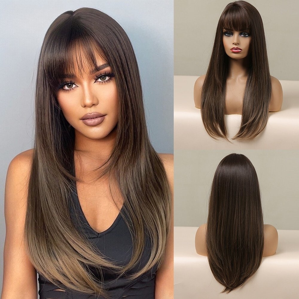 Long Dark Brown Straight Synthetic Wigs - HairNjoy