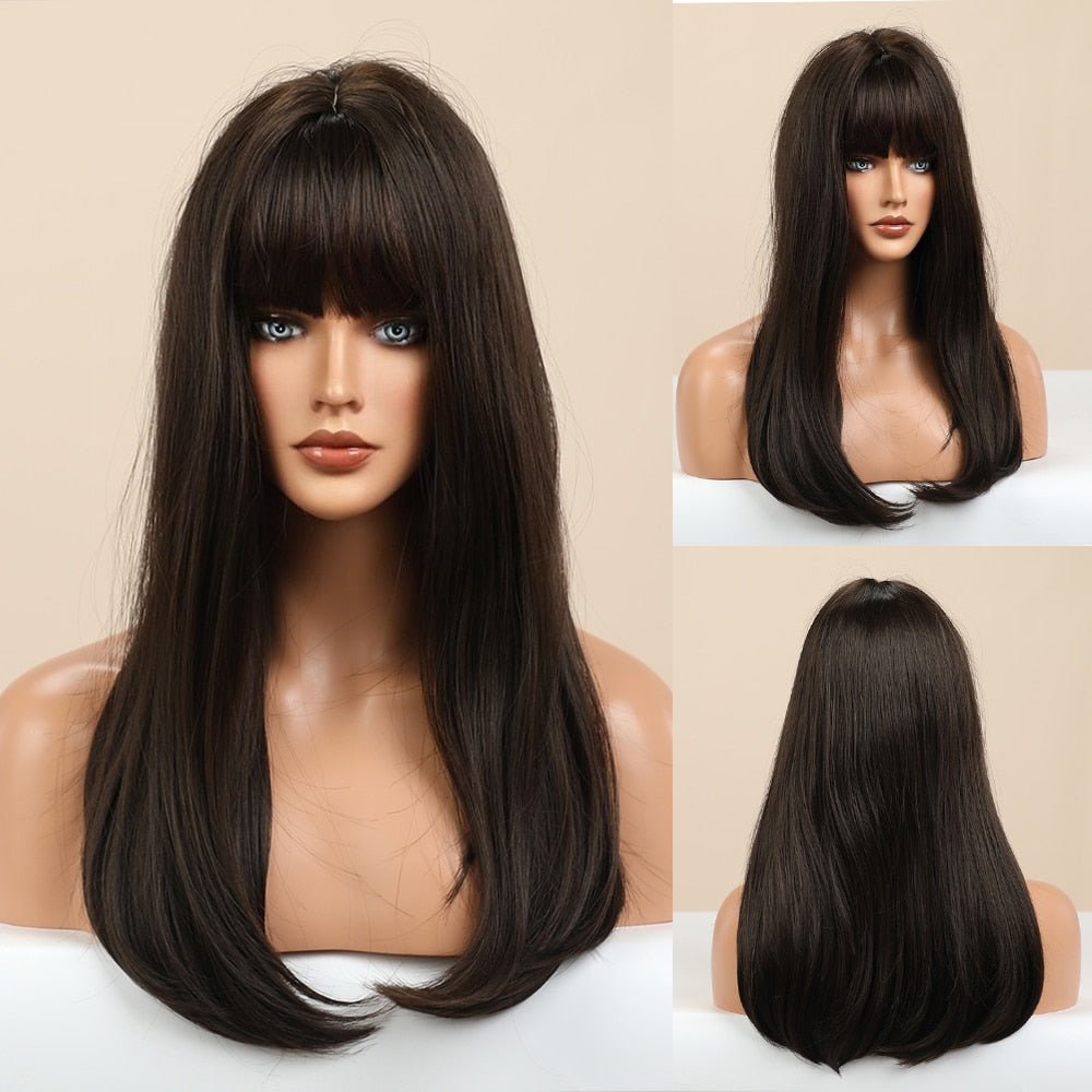 Long Dark Brown with Bangs Synthetic Wig - HairNjoy