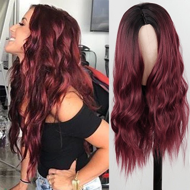 Long Dark Red Wavy Hairstyle Synthetic Wigs - HairNjoy