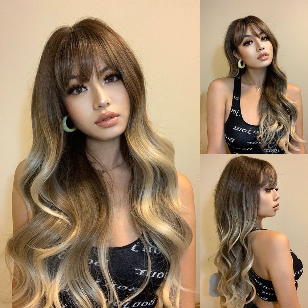 Long Light Brown Wavy Wigs with Bangs - HairNjoy