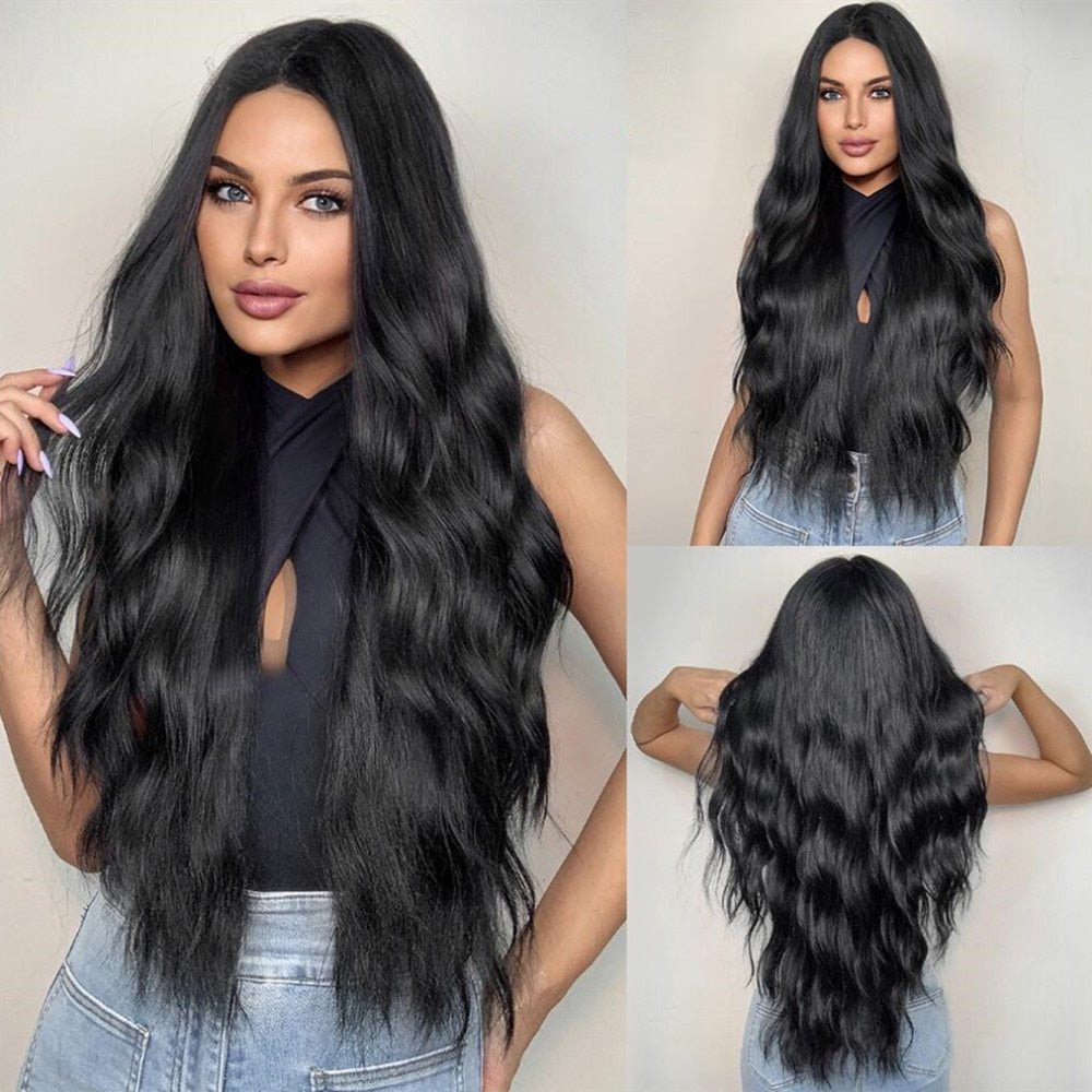 Long Natural Black Wavy Synthetic Wigs - HairNjoy