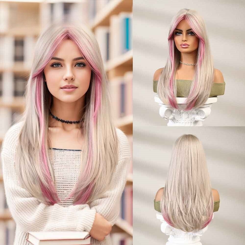 Long Pink and White Blonde Synthetic Wig - HairNjoy