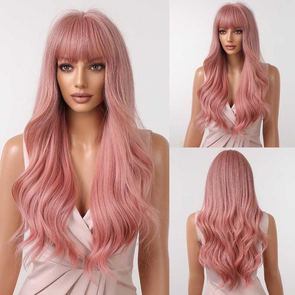 Long Pink Wavy Wigs with Bangs - HairNjoy