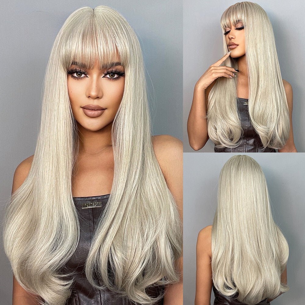 Long Straight Ash Blonde with Bangs Synthetic Wig - HairNjoy