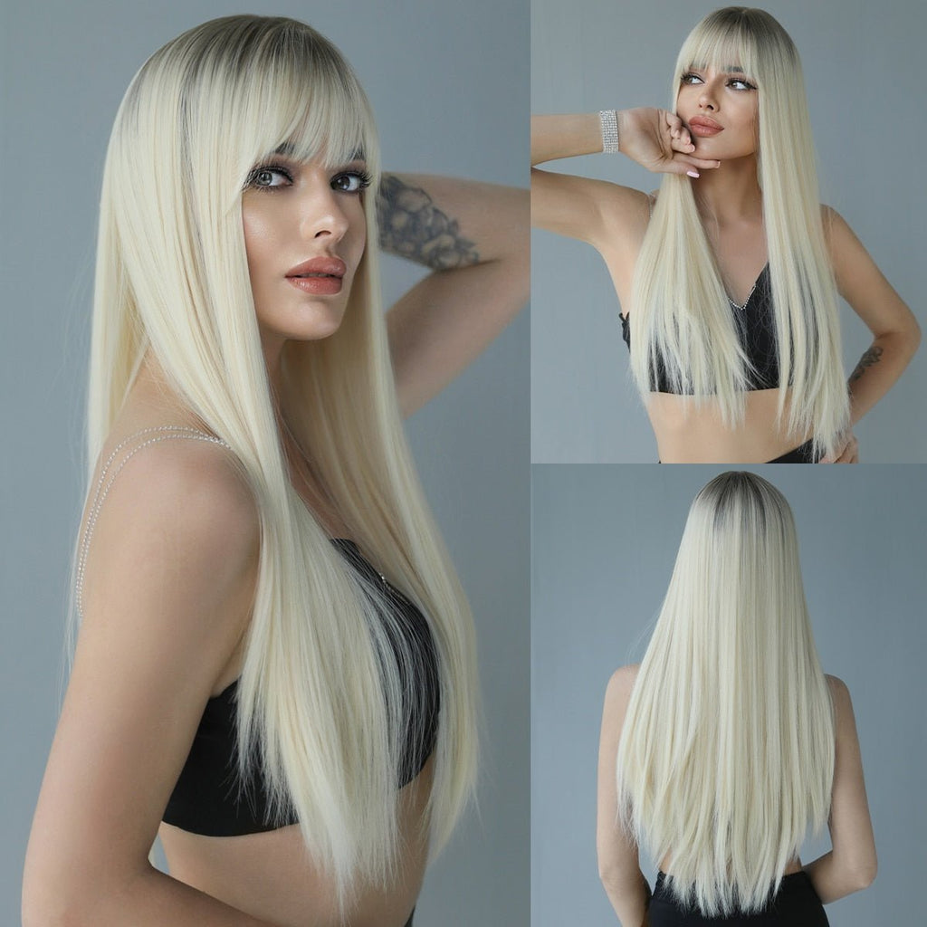 Long Straight Blackish Root Blonde Wigs - HairNjoy