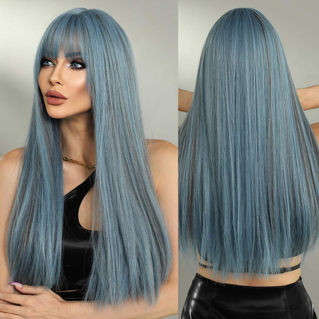 Long Straight Blue High Lights Wig - HairNjoy