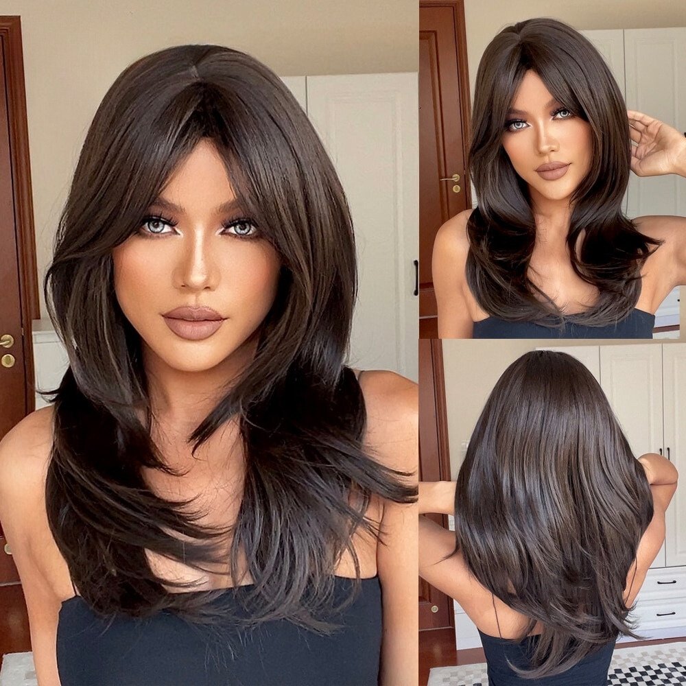 Long Straight Brown Black Synthetic Wigs - HairNjoy