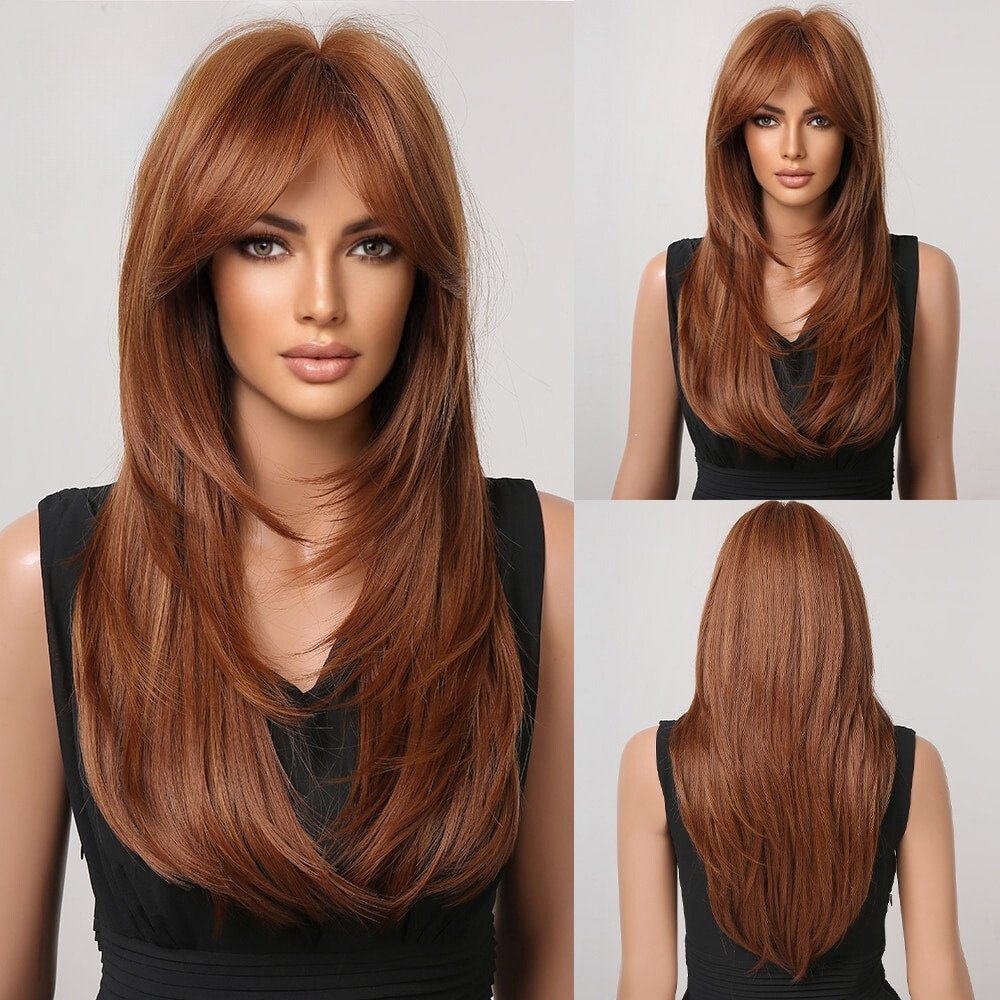 Long Straight Brown Blonde Synthetic Wigs - HairNjoy