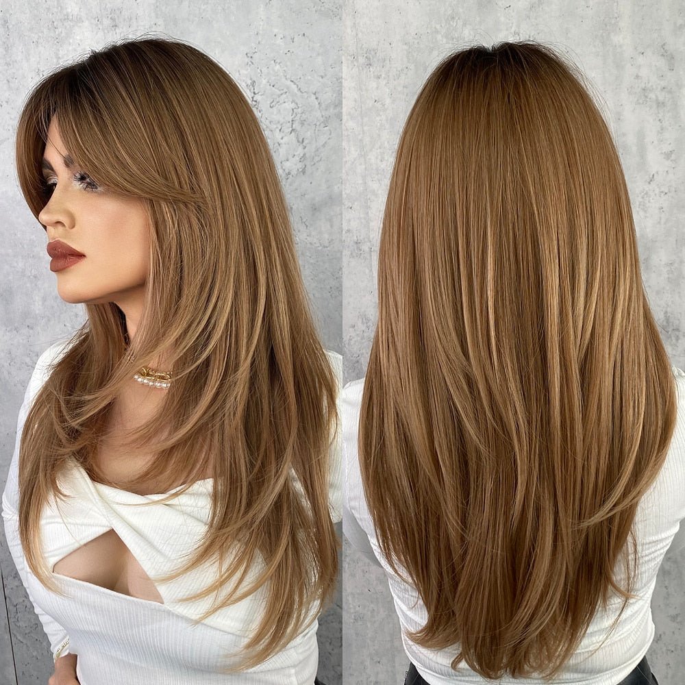 Long Straight Brown Layer Wig - HairNjoy