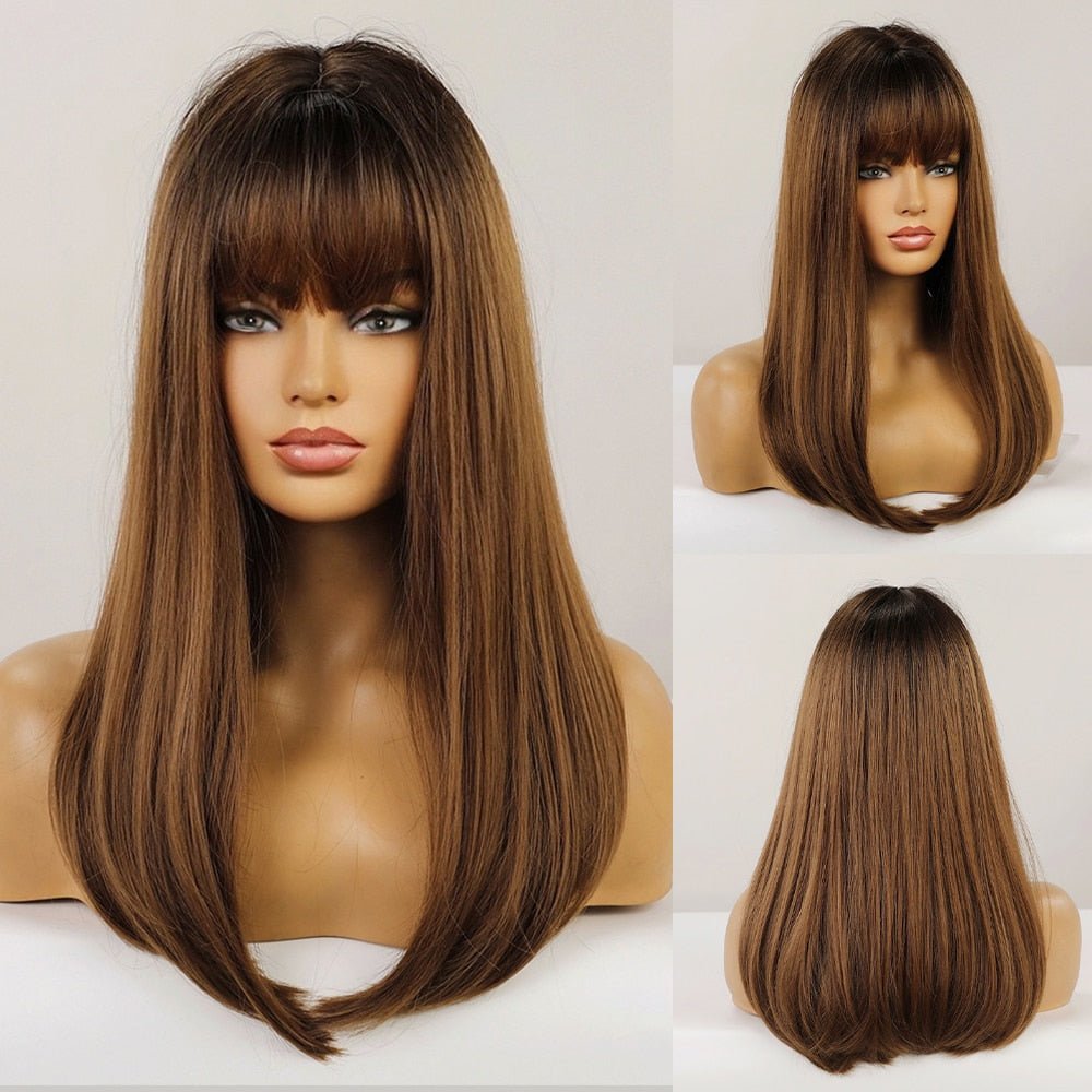 Long Straight Brown with Bangs Synthetic Wig - HairNjoy