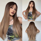 Long Straight Dark Root Highlights Synthetic Wig - HairNjoy