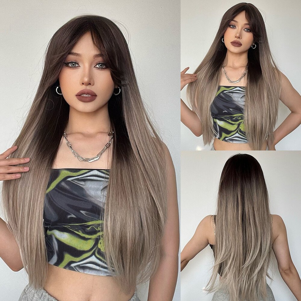 Long Straight Grey Highlights Synthetic Wig - HairNjoy